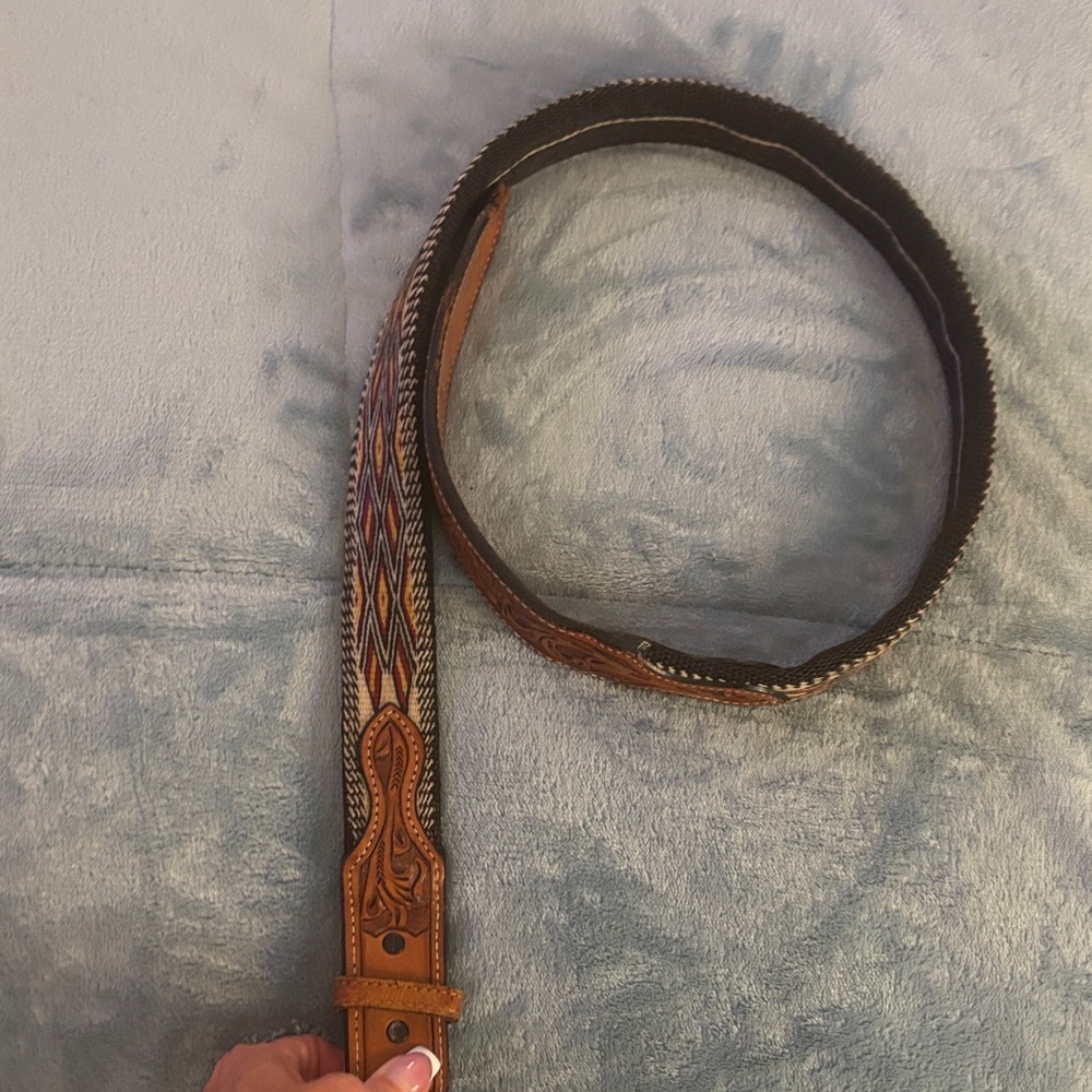 Brown Leather Belt with Multicolor Embroidered Chevron Detail